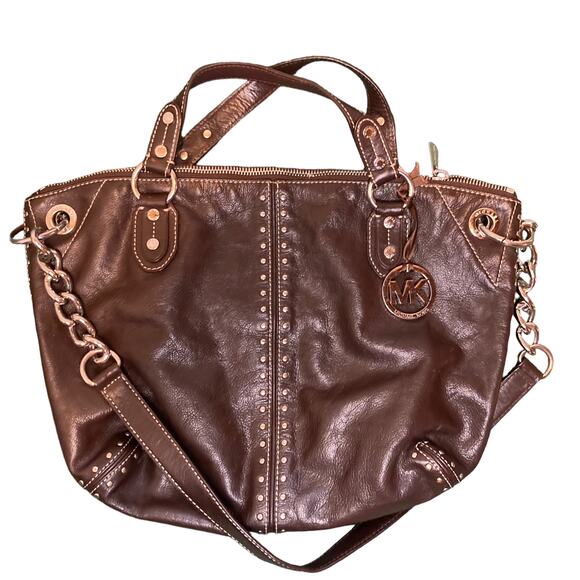 Michael Kors Uptown Astor Dark Brown Studded Leather Shoulder Handbag - Picture 1 of 12